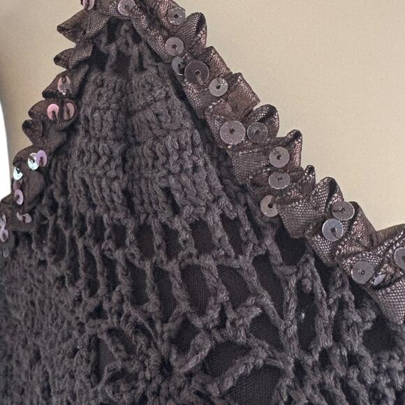 Y2K Crochet Tank Top Brown Silk Blend Sequin Boho Festival Earthy Fairycore - Picture 3 of 8